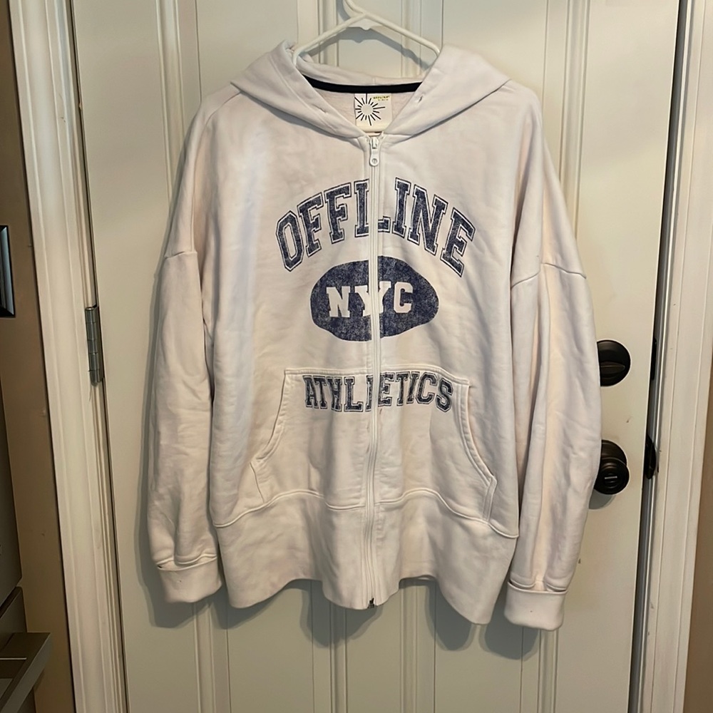 Aerie offline white sweatshirt white with blue brand/words on front extra large